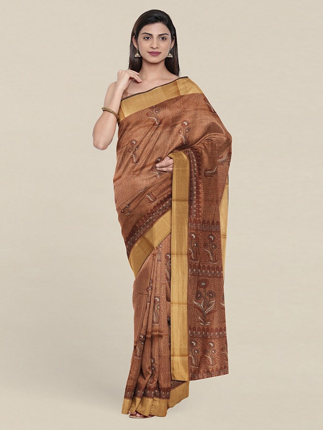 

Pothys Brown Floral Zari Cotton Blend Saree