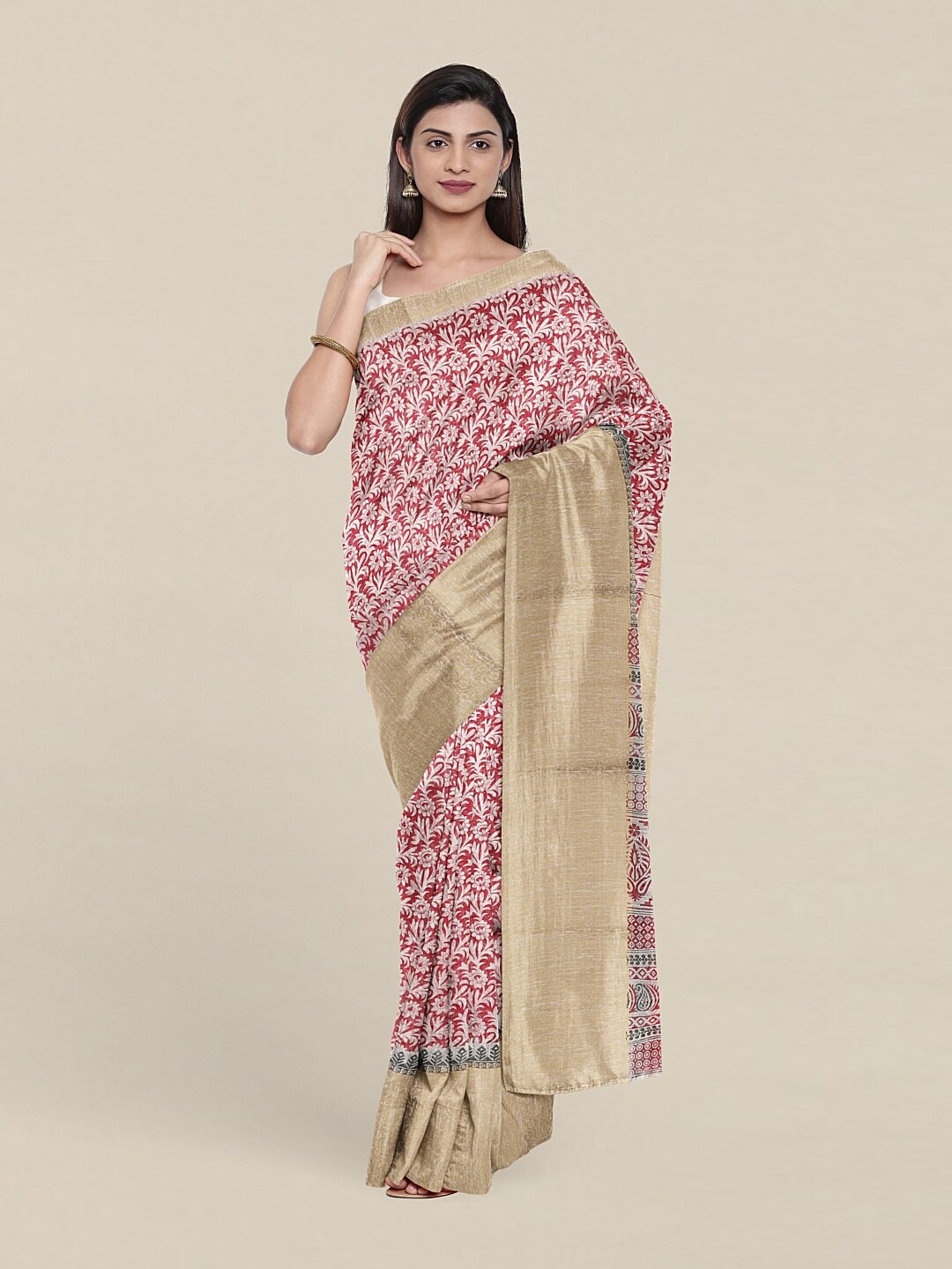 

Pothys Red & White Floral Zari Cotton Blend Saree
