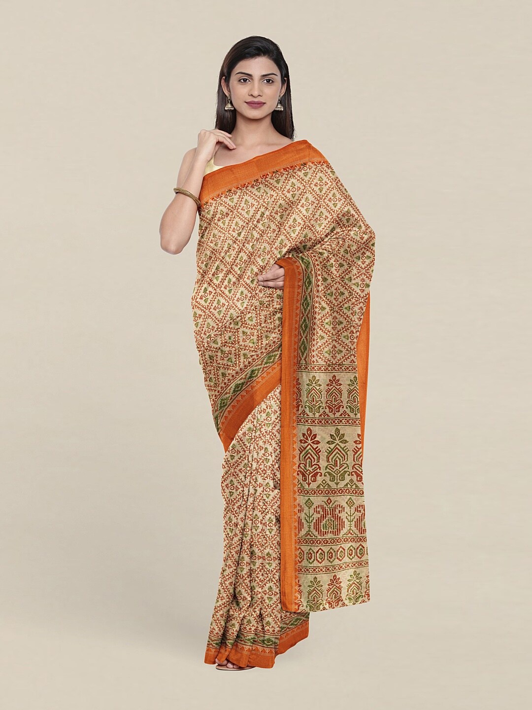 

Pothys Cream-Coloured & Orange Ethnic Motifs Printed Cotton Blend Saree