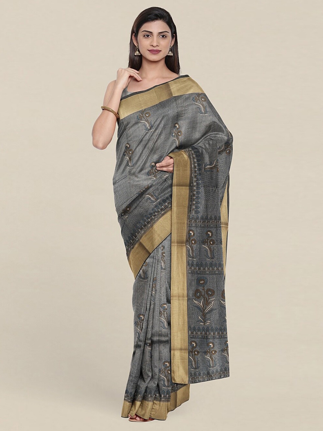 

Pothys Grey & Gold-Toned Floral Zari Cotton Blend Saree