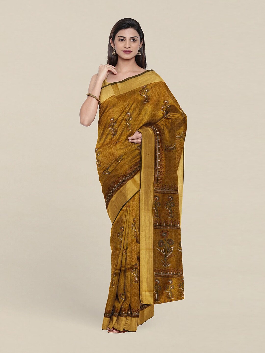 

Pothys Mustard & Gold-Toned Floral Zari Cotton Blend Saree