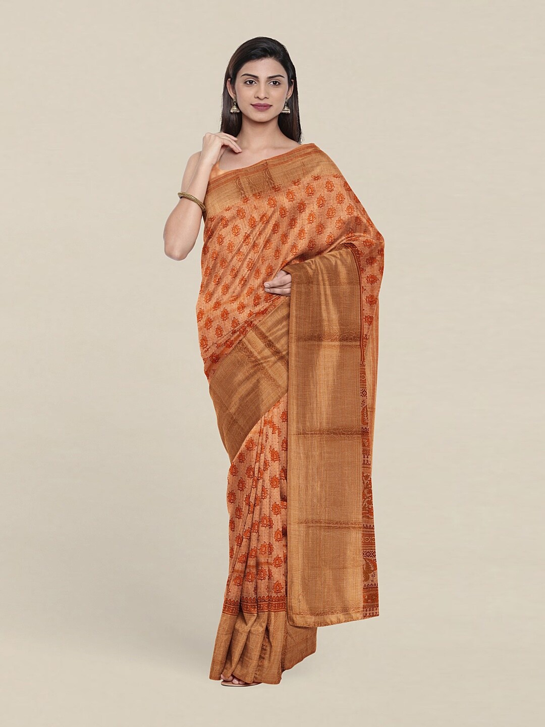 

Pothys Peach-Coloured & Gold-Toned Ethnic Motifs Zari Cotton Blend Saree