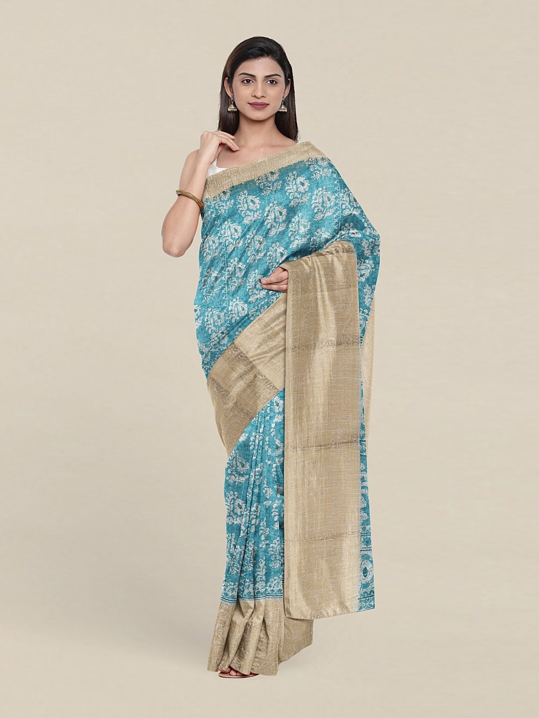 

Pothys Blue & White Ethnic Motifs Zari Cotton Blend Saree