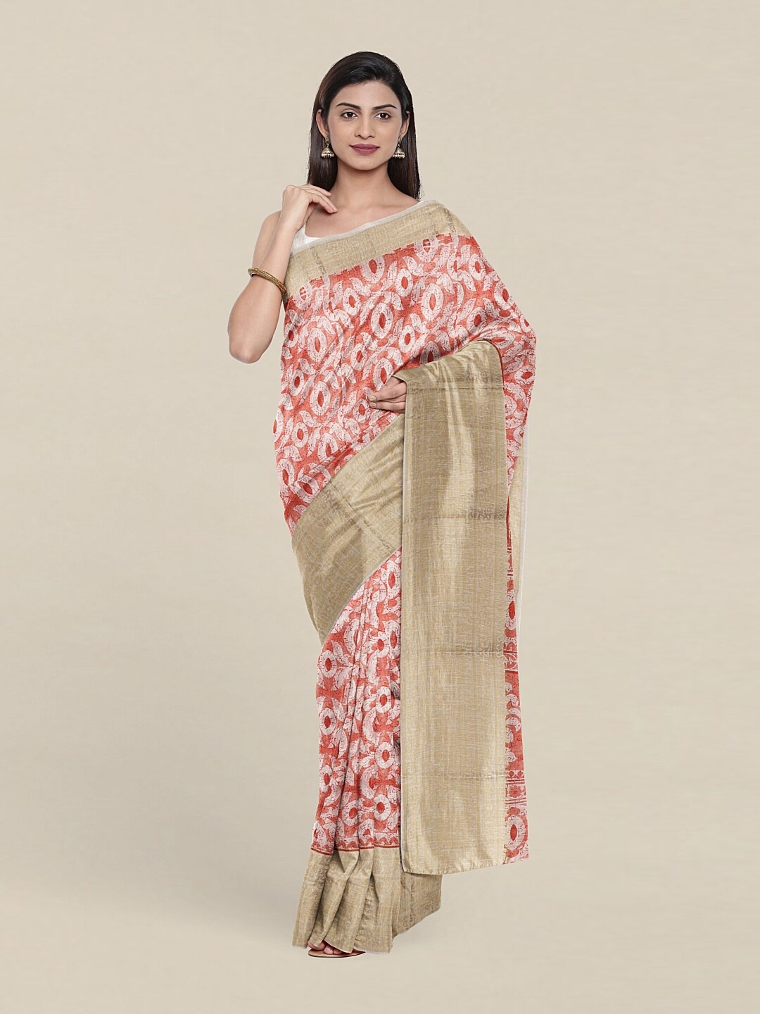 

Pothys Peach-Coloured & White Ethnic Motifs Zari Cotton Blend Saree