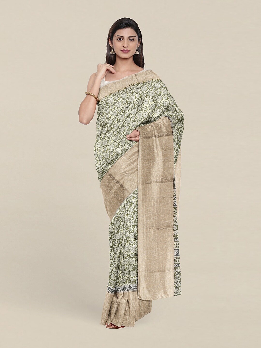 

Pothys Olive Green & Gold-Toned Ethnic Motifs Zari Cotton Blend Saree