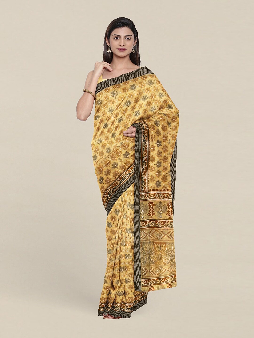 

Pothys Yellow & Black Ethnic Motifs Printed Cotton Blend Saree