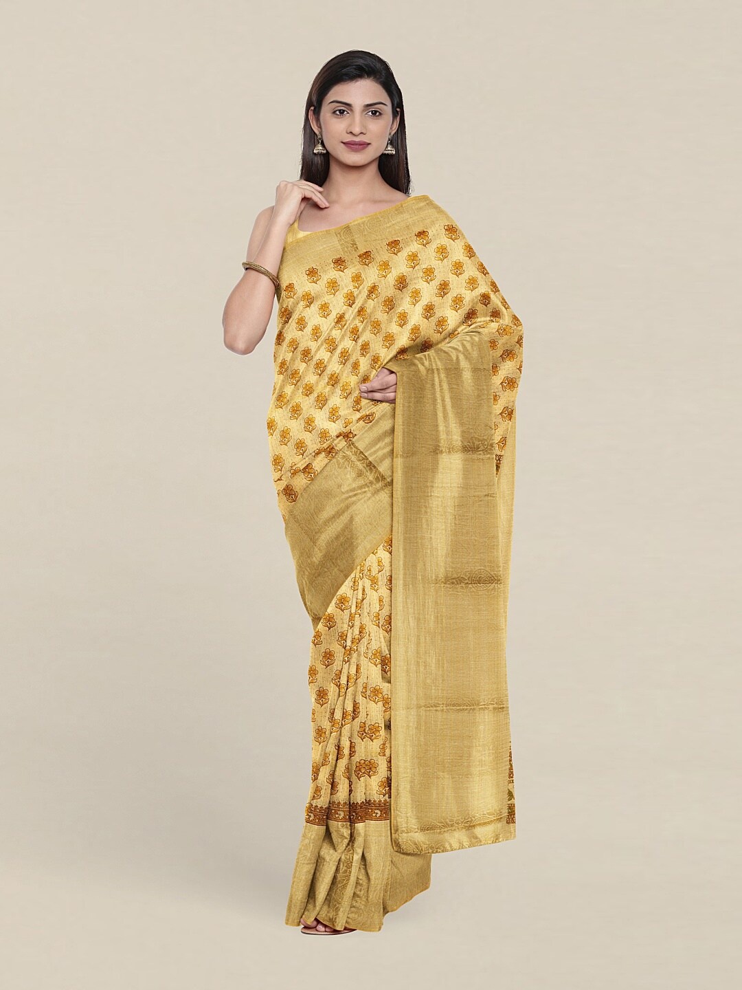 

Pothys Yellow & Brown Floral Zari Cotton Blend Saree