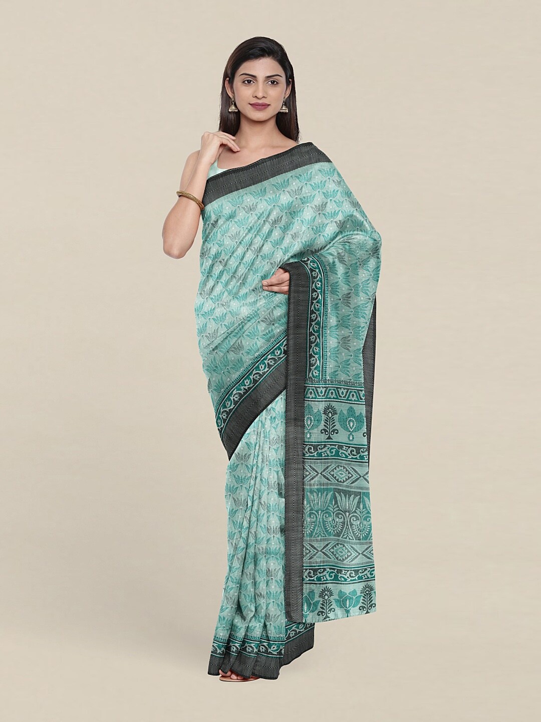 

Pothys Sea Green & Black Ethnic Motifs Printed Cotton Blend Saree