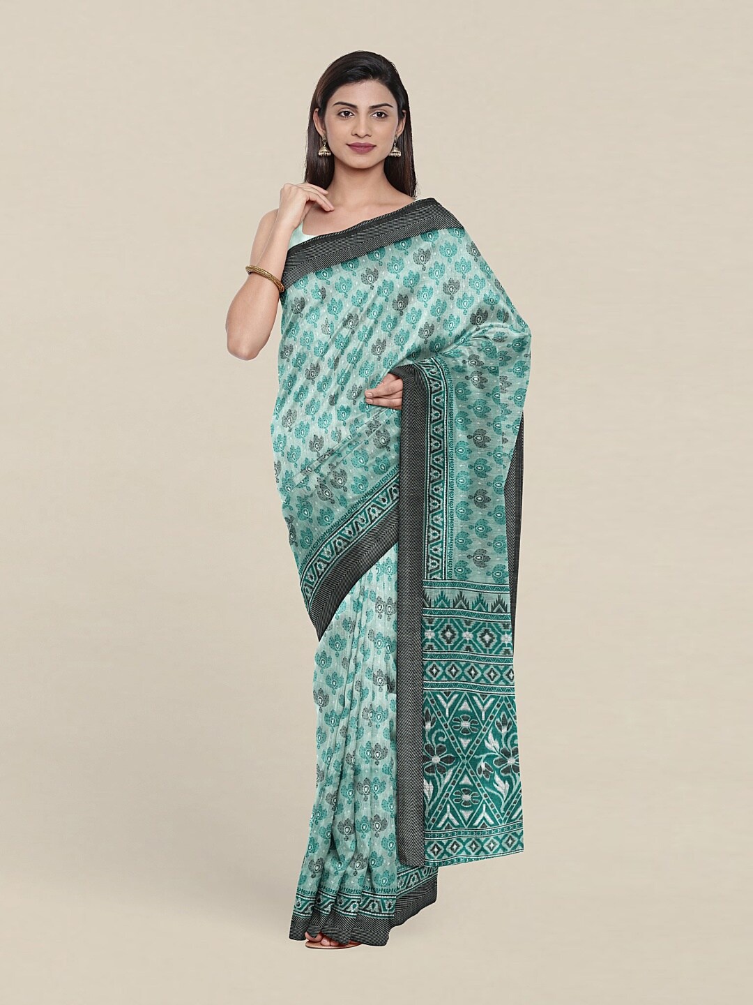 

Pothys Sea Green & Black Ethnic Motifs Printed Cotton Blend Saree