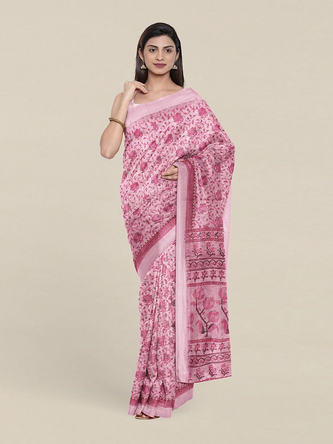 

Pothys Pink & Brown Floral Zari Saree