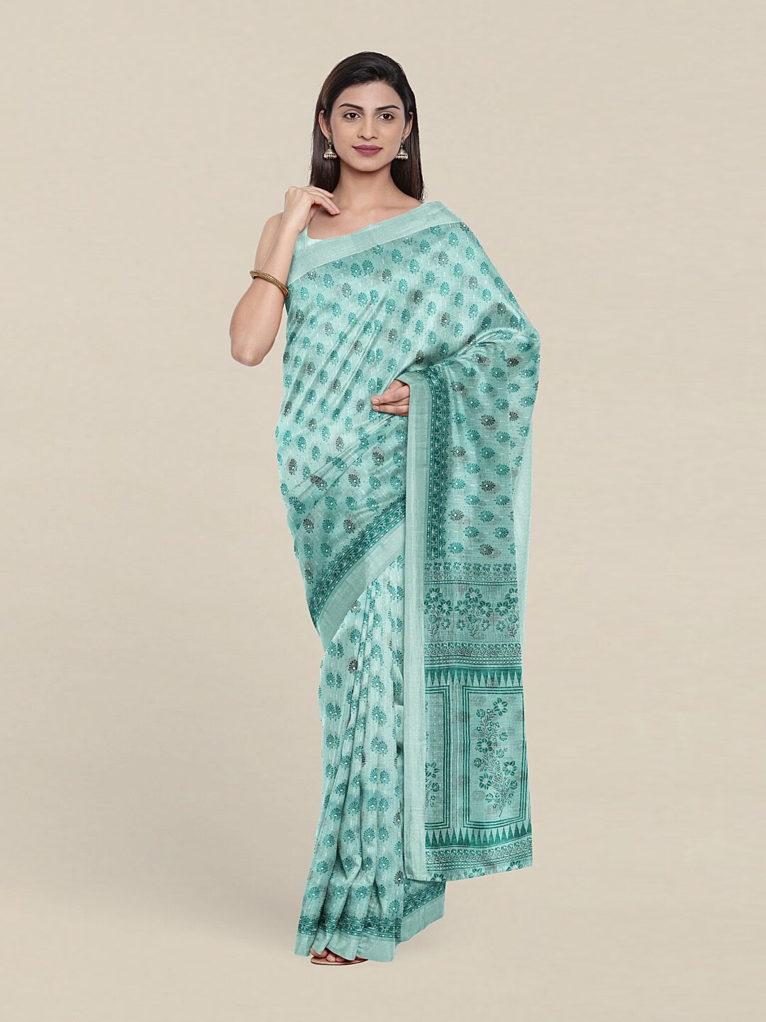 

Pothys Sea Green & Black Ethnic Motifs Zari Saree