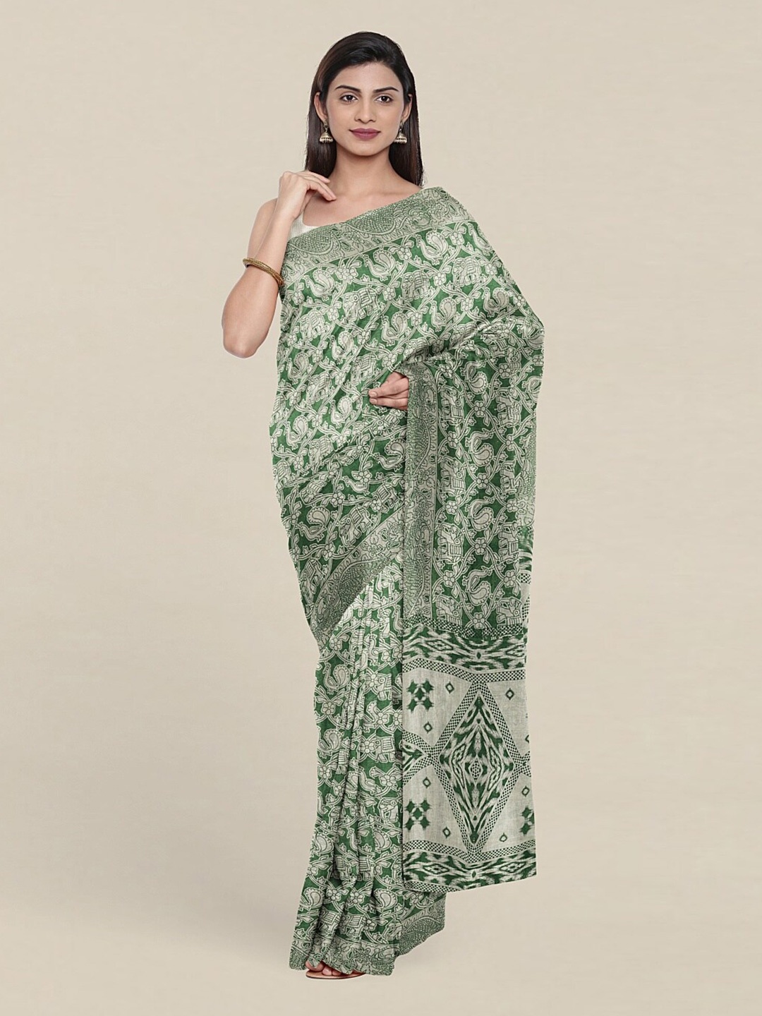 

Pothys Green & White Ethnic Motifs Pure Cotton Saree