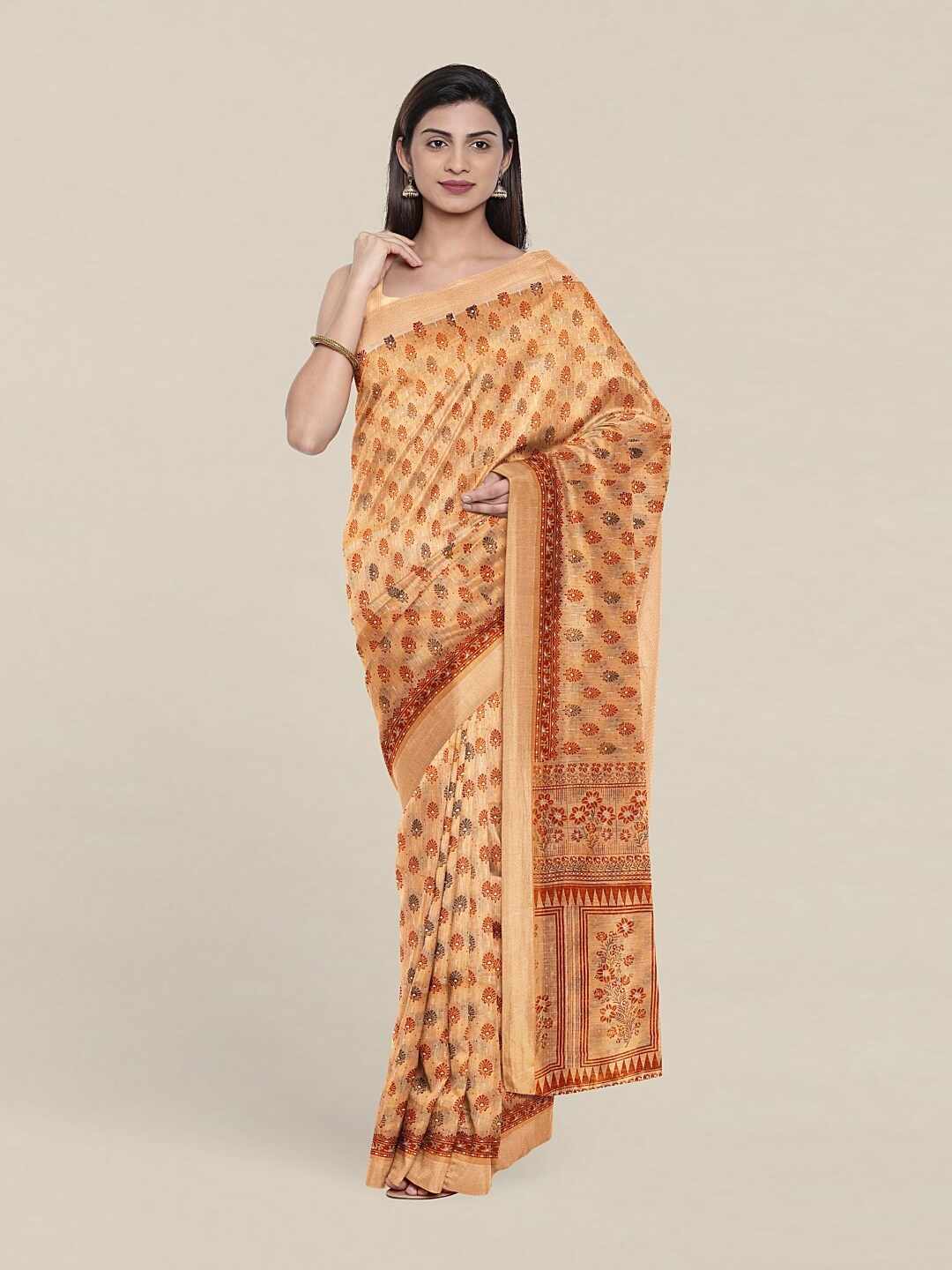 

Pothys Peach-Coloured & Red Floral Saree