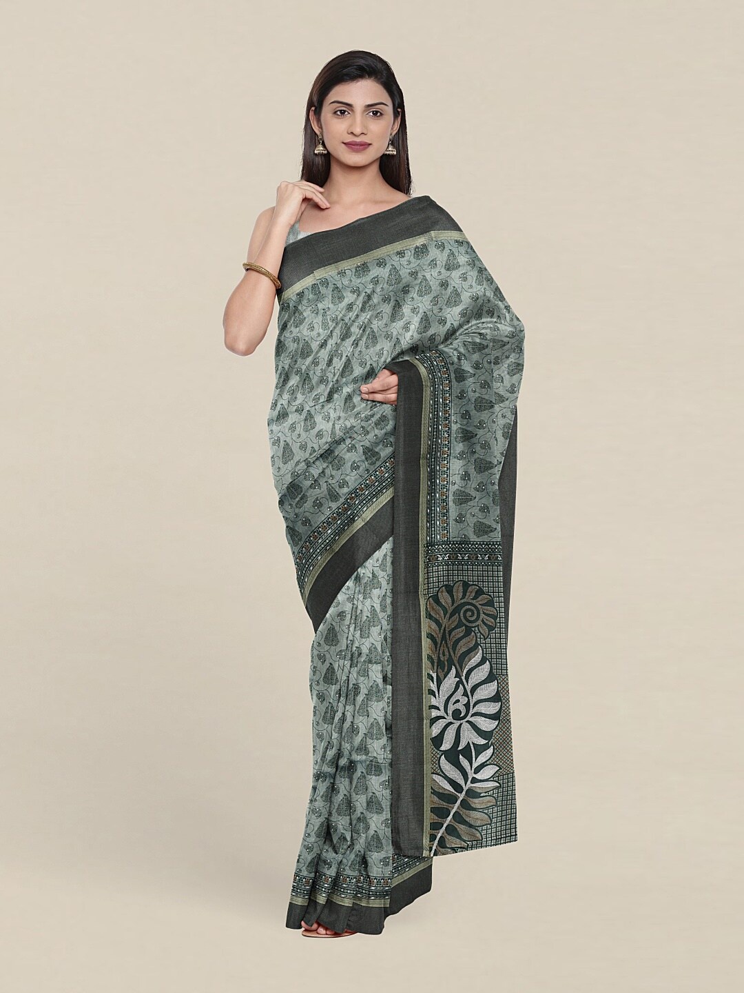 

Pothys Sea Green & Black Ethnic Motifs Printed Cotton Blend Saree