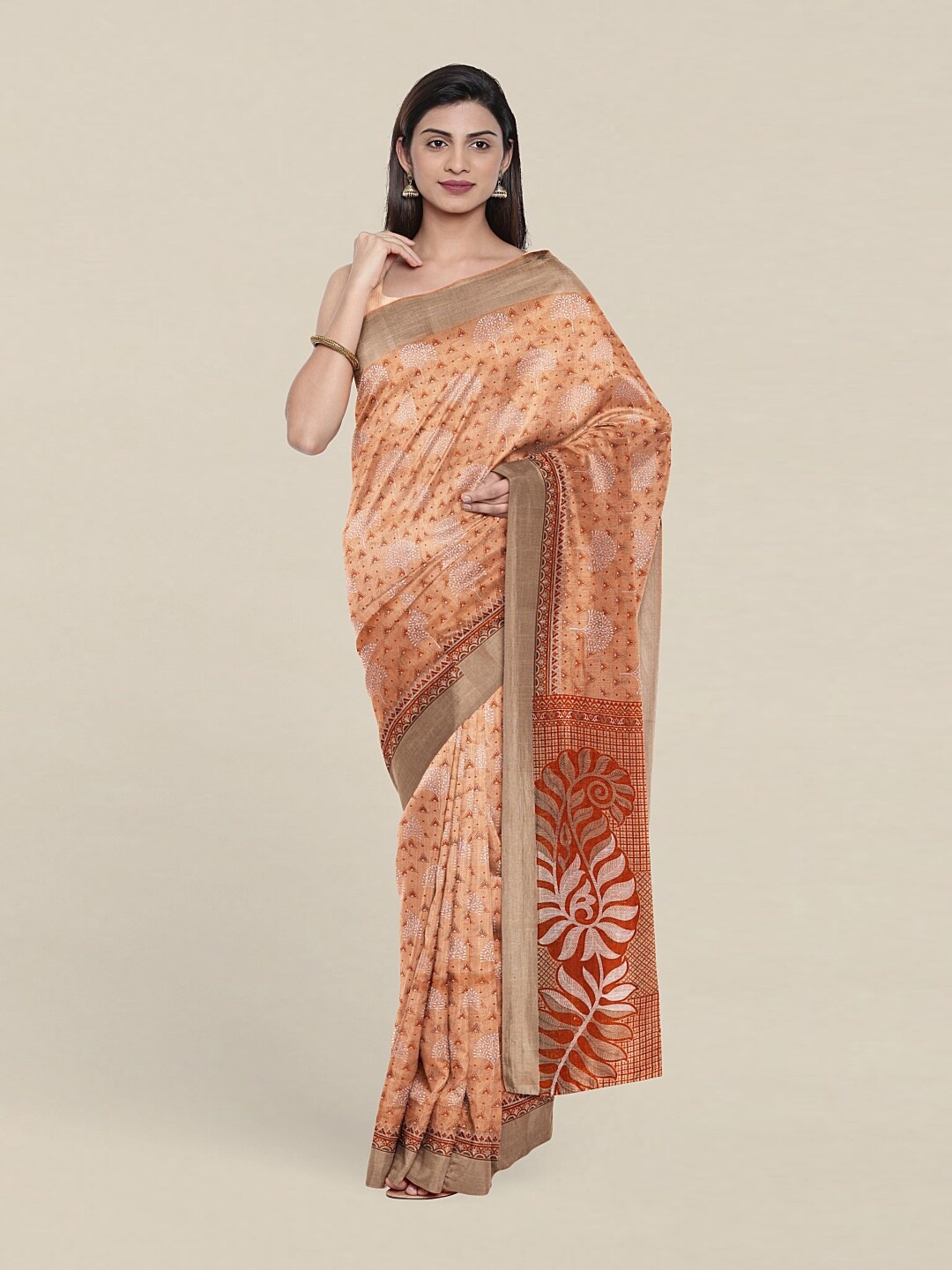 

Pothys Peach-Coloured & White Zari Printed Cotton Blend Saree