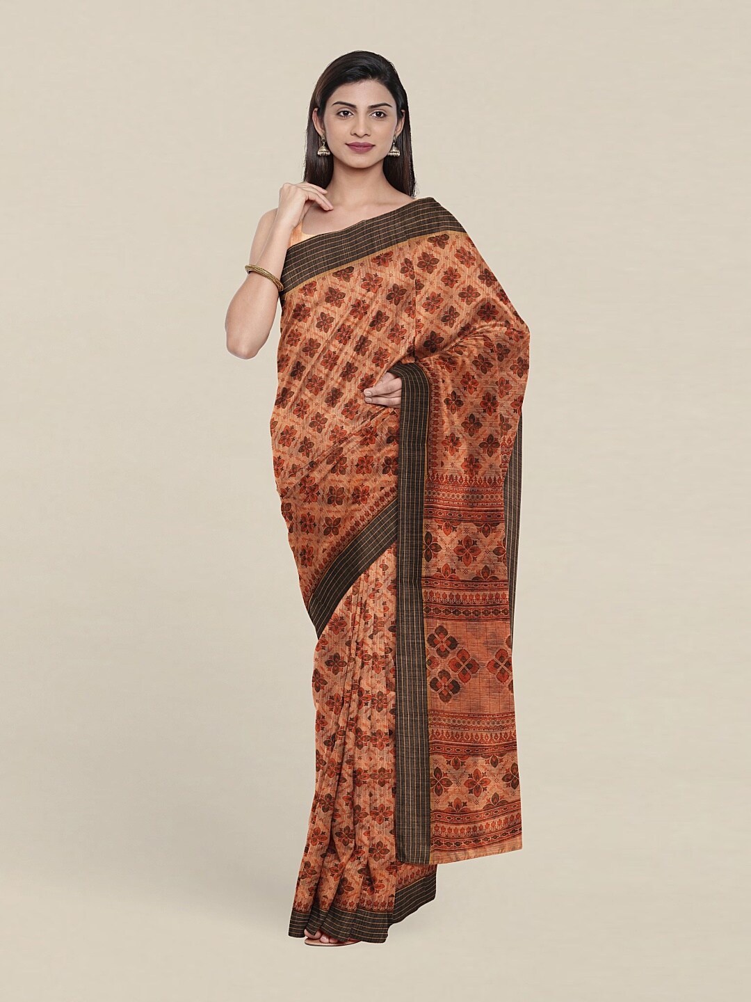 

Pothys Peach-Coloured & Black Floral Printed Cotton Blend Saree