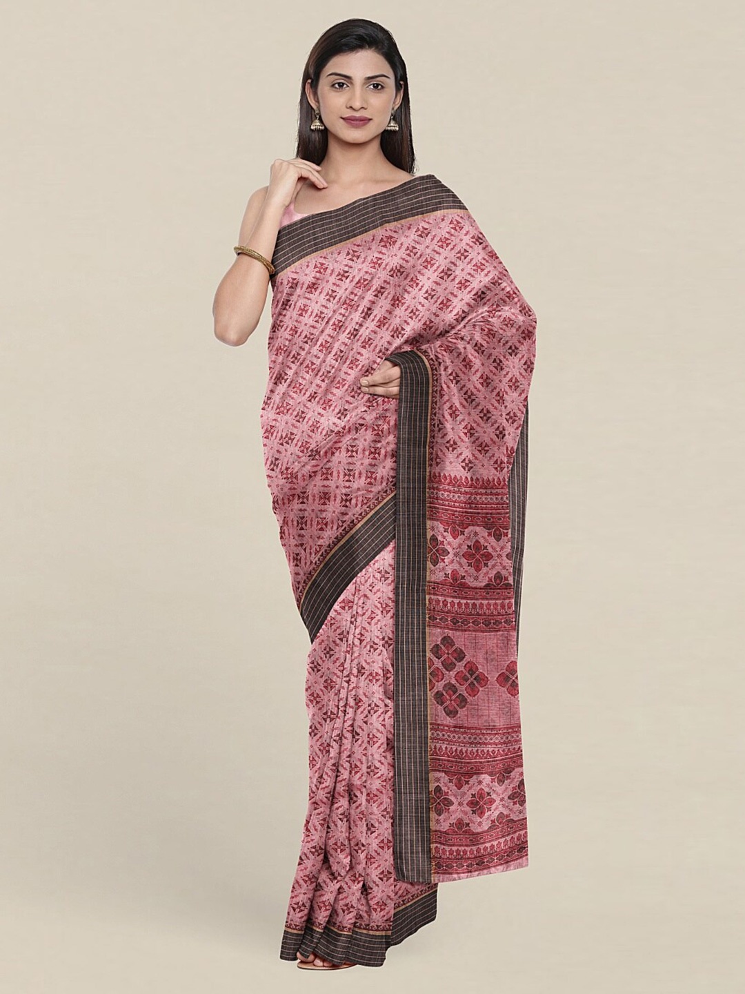 

Pothys Pink & Grey Printed Cotton Blend Saree