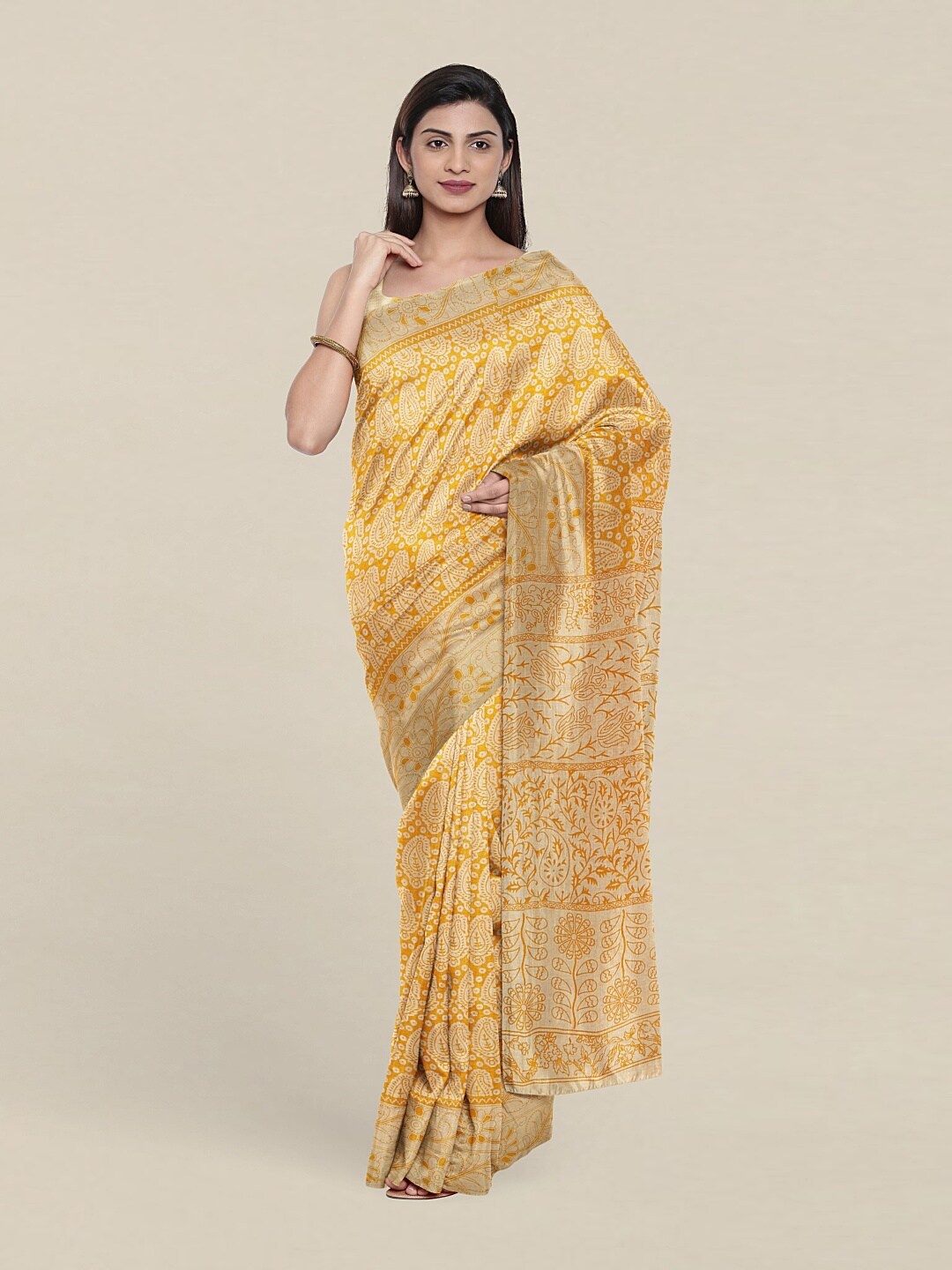 

Pothys Yellow & Cream-Coloured Paisley Zari Pure Cotton Saree