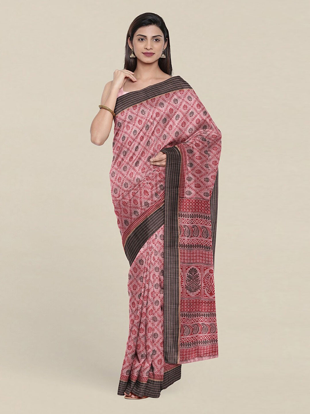 

Pothys Pink & Black Ethnic Motifs Printed Cotton Blend Saree