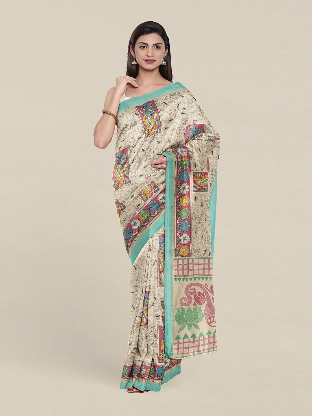 

Pothys Cream-Coloured & Pink Kalamkari Pure Cotton Saree