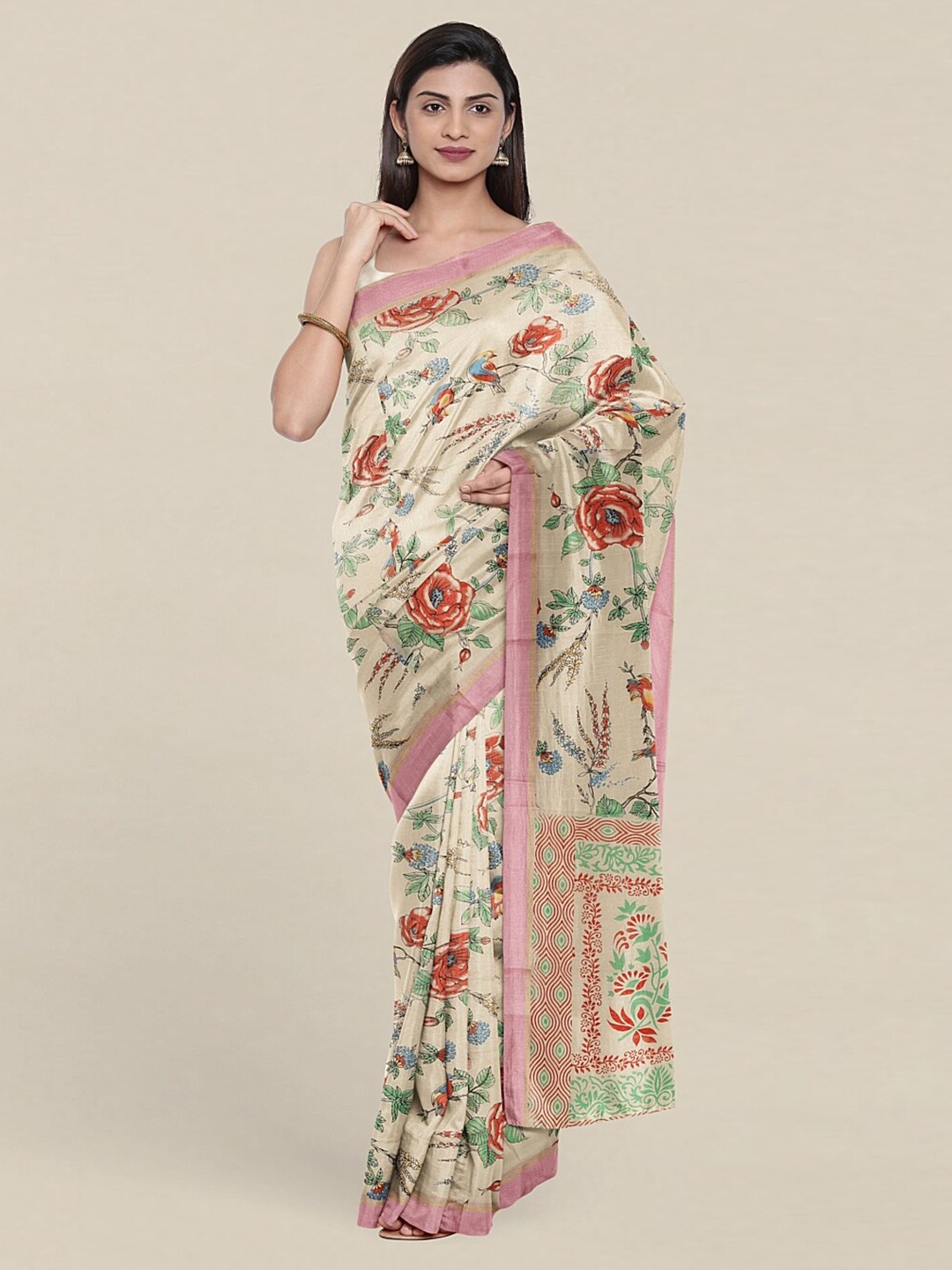 

Pothys Cream-Coloured & Pink Floral Zari Pure Cotton Saree