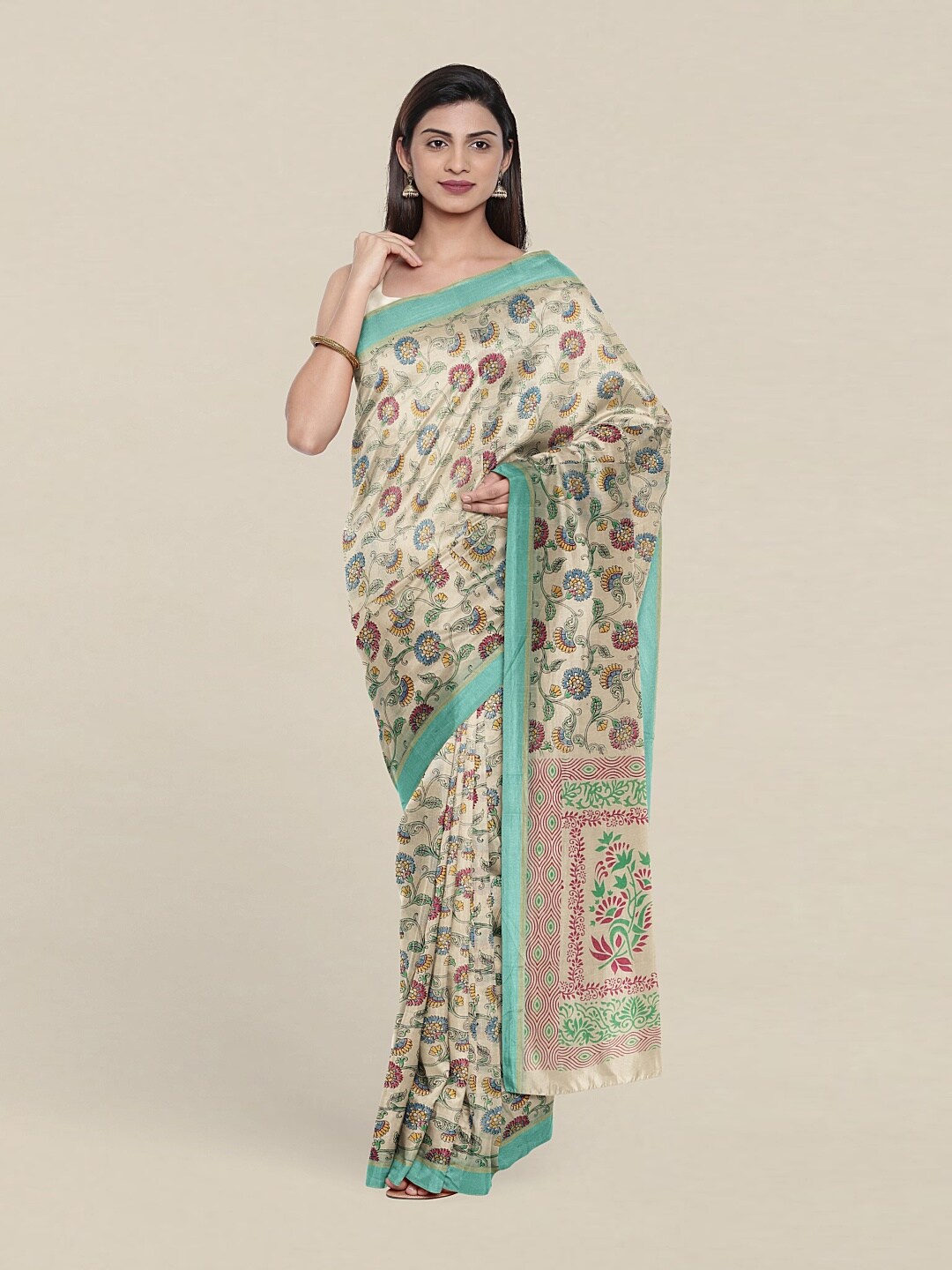 

Pothys Cream-Coloured & Pink Floral Pure Cotton Saree