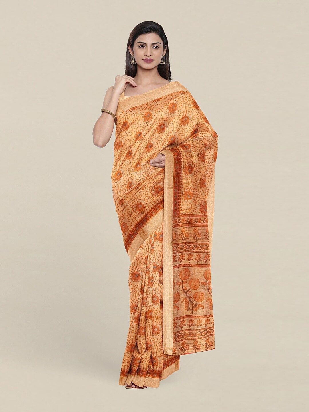 

Pothys Peach-Coloured & Pink Floral Printed Saree