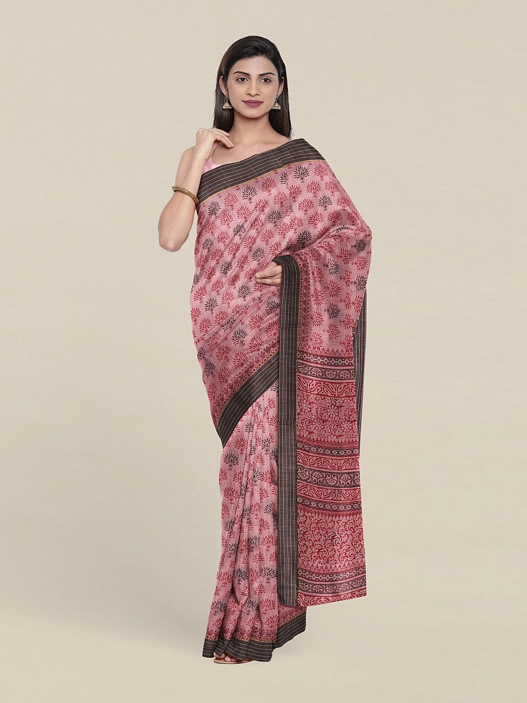 

Pothys Pink & Brown Floral Printed Saree