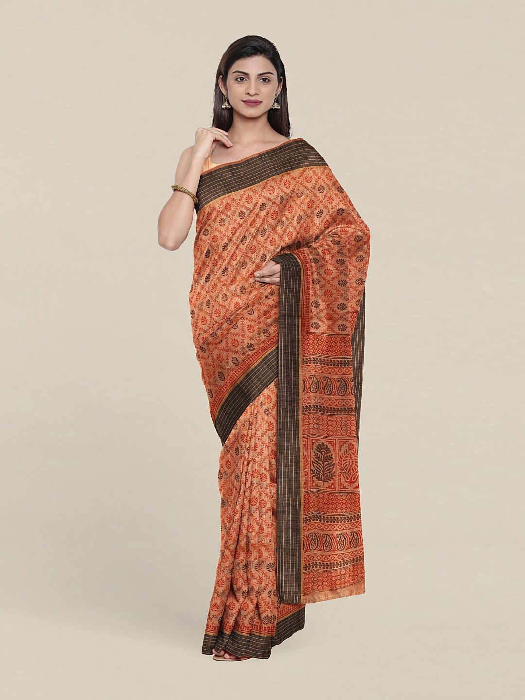 

Pothys Peach-Coloured & Grey Floral Printed Saree