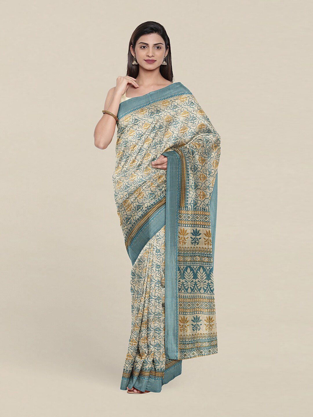 

Pothys Cream-Coloured & Blue Ethnic Motifs Saree