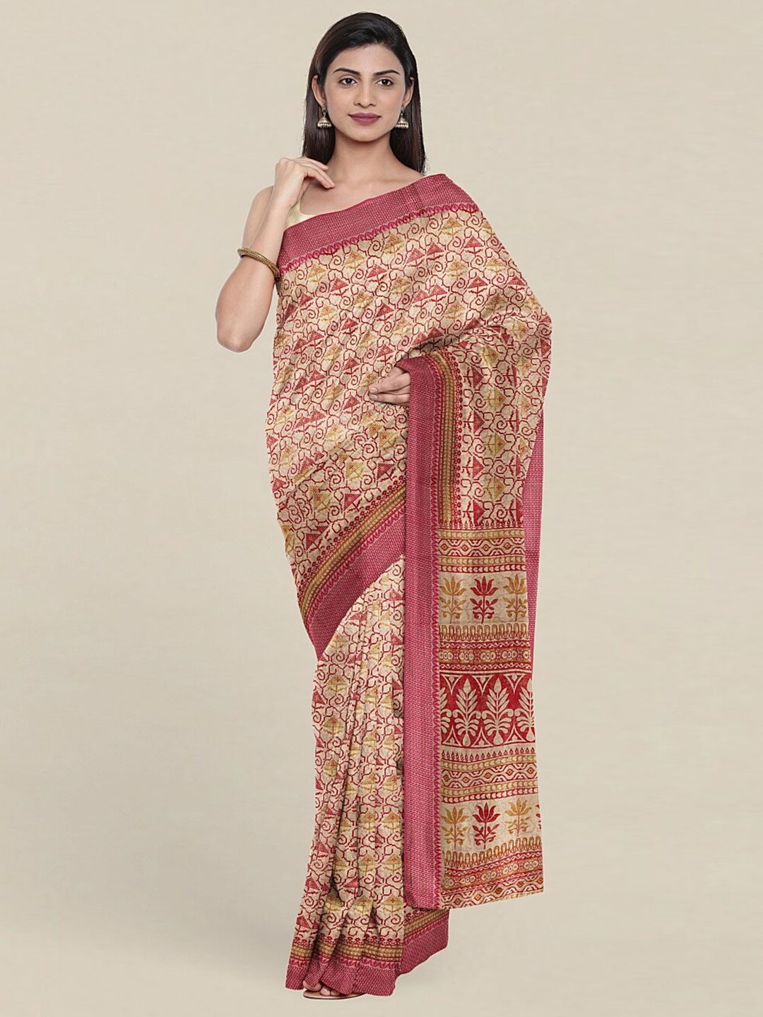 

Pothys Cream-Coloured & Pink Printed Saree