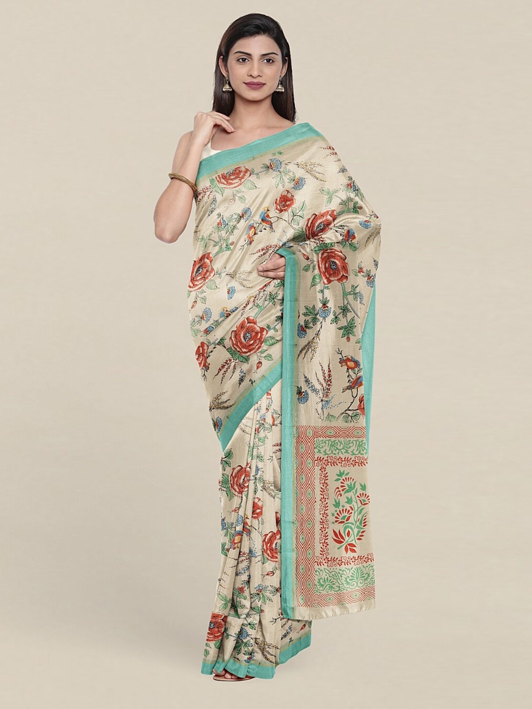 

Pothys Cream-Coloured & Blue Floral Pure Cotton Saree