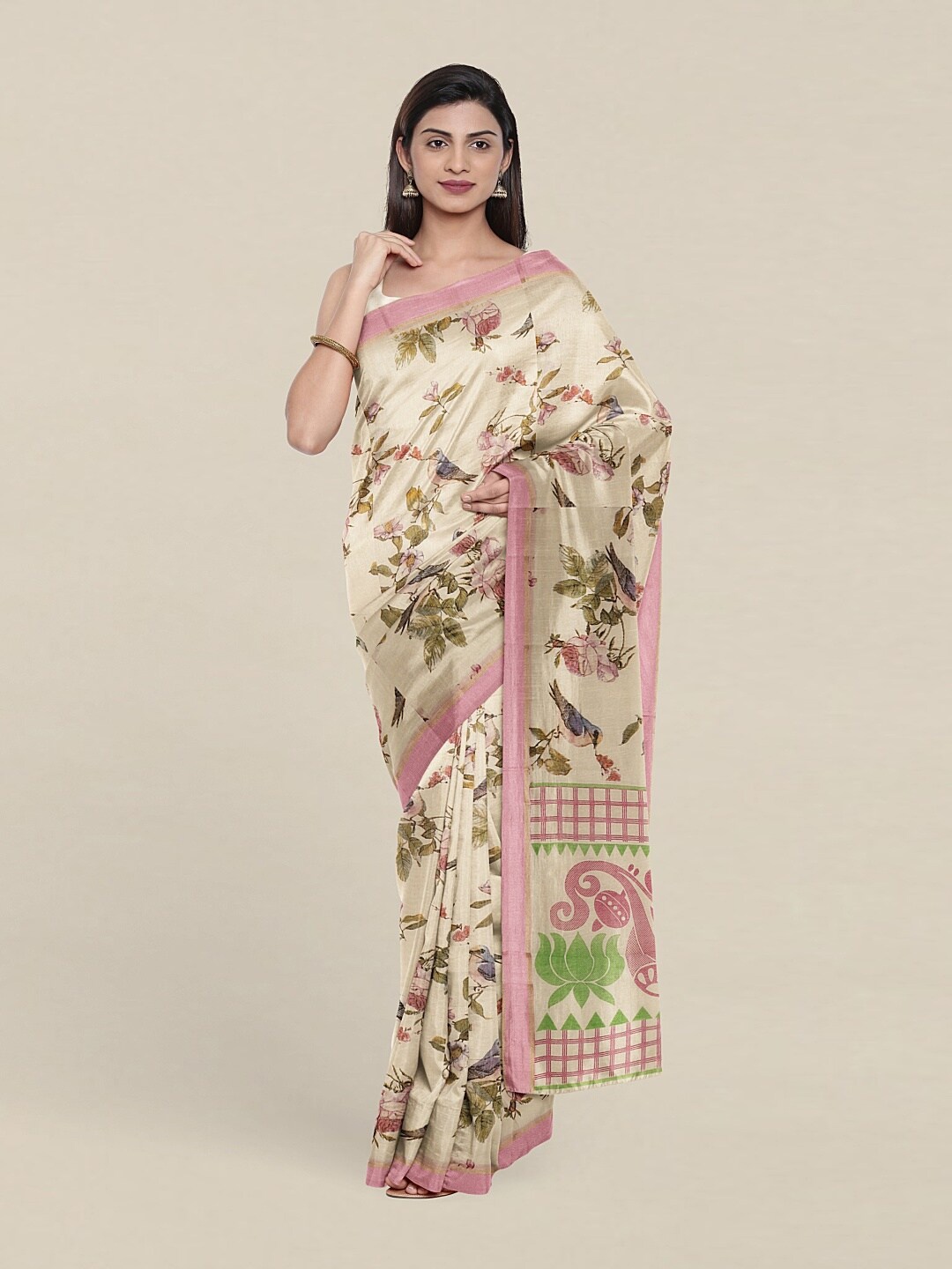

Pothys Cream-Coloured & Pink Floral Pure Cotton Saree