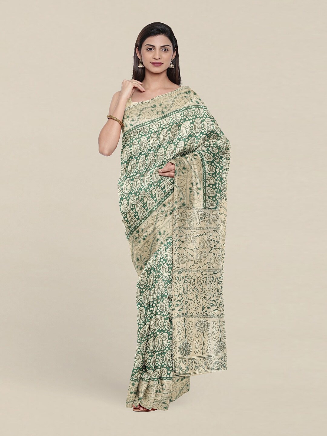 

Pothys Green & Cream-Coloured Paisley Pure Cotton Saree