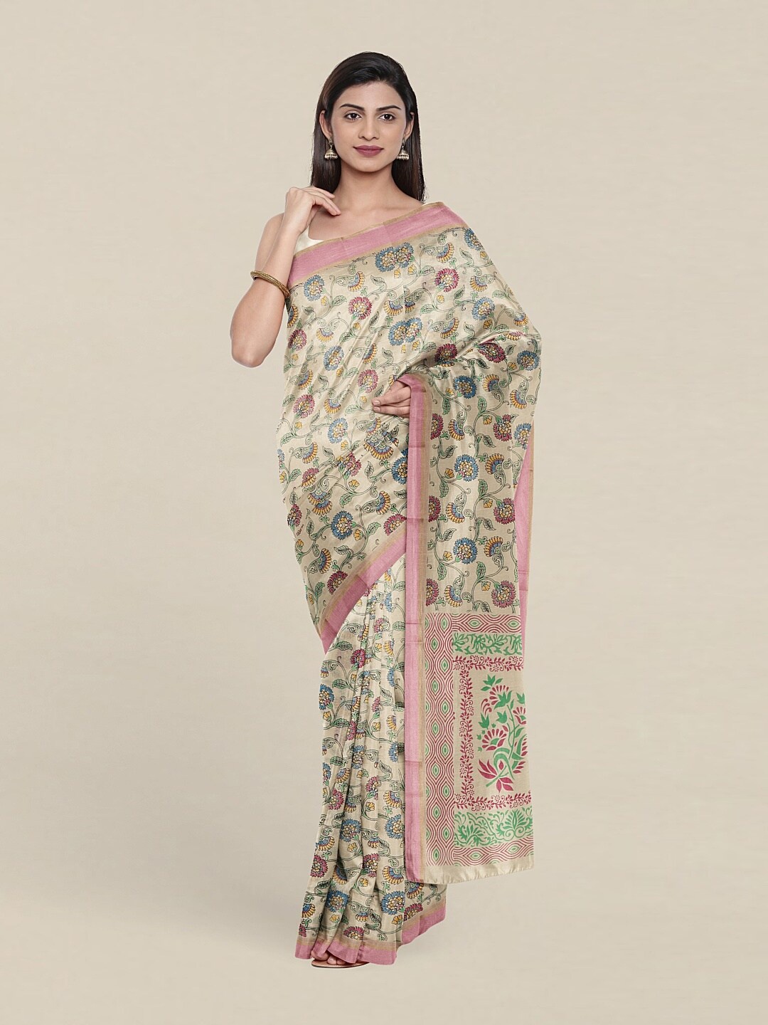 

Pothys Cream-Coloured & Blue Floral Pure Cotton Saree