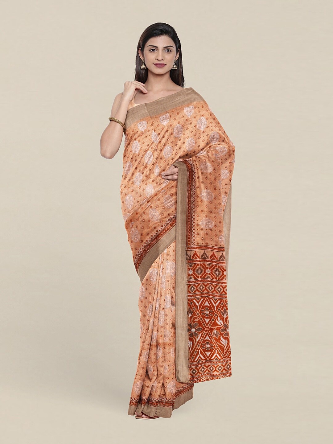 

Pothys Peach-Coloured & White Ethnic Motifs Zari Saree