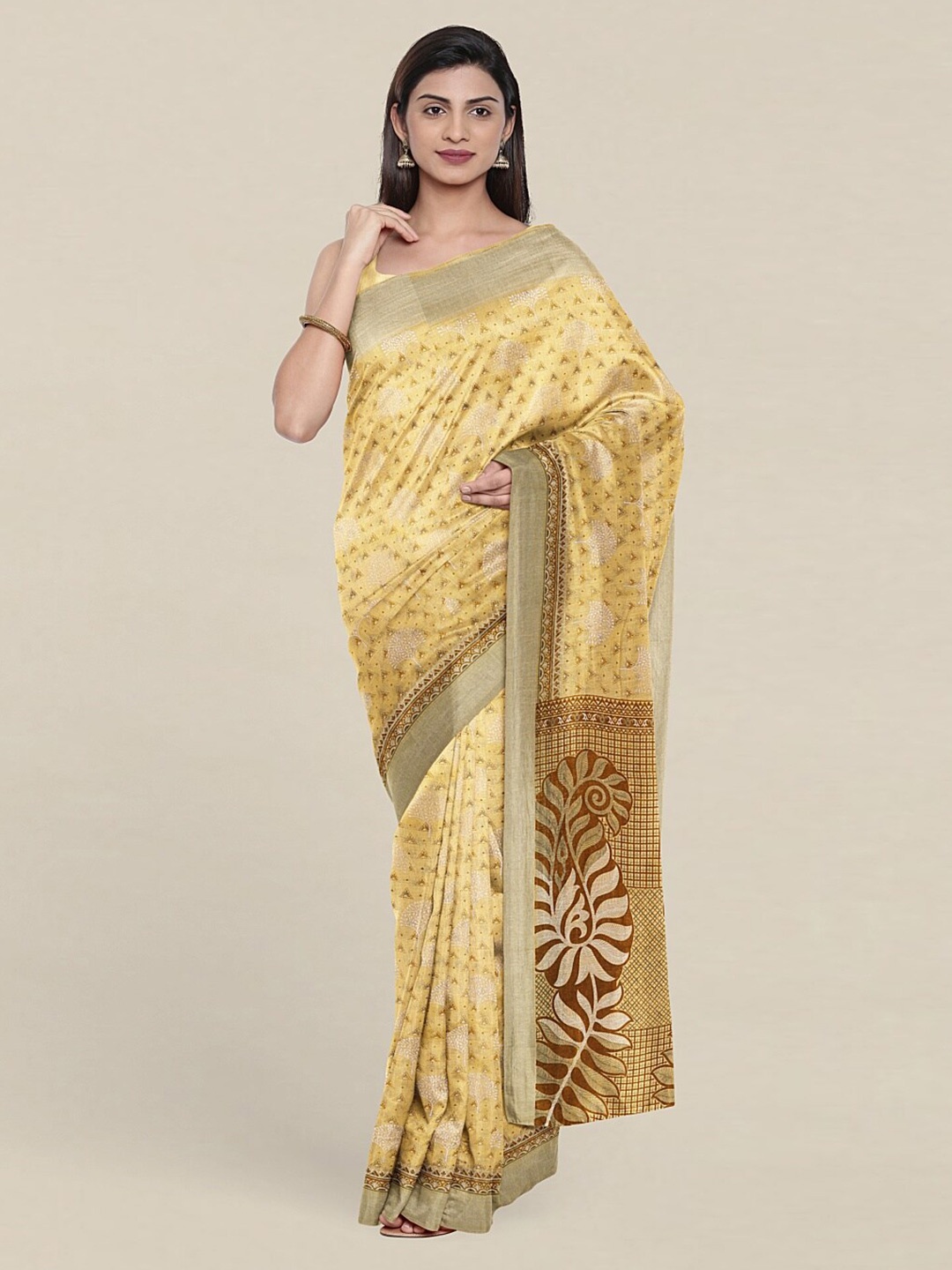 

Pothys Yellow & Brown Floral Zari Saree