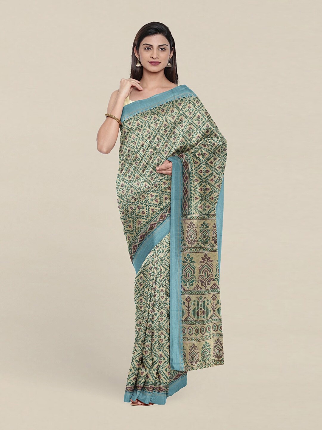 

Pothys Green & Black Cotton Blend Saree
