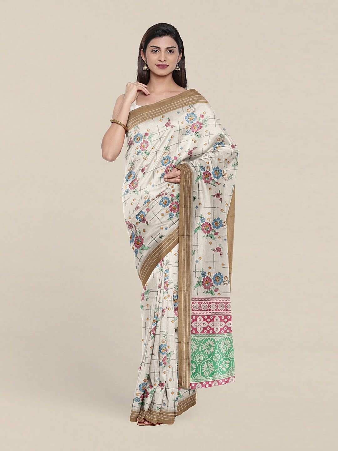 

Pothys Off White & Pink Floral Zari Pure Cotton Saree