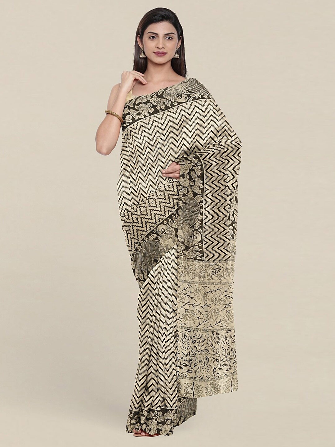 

Pothys Cream-Coloured & Black Pure Cotton Saree