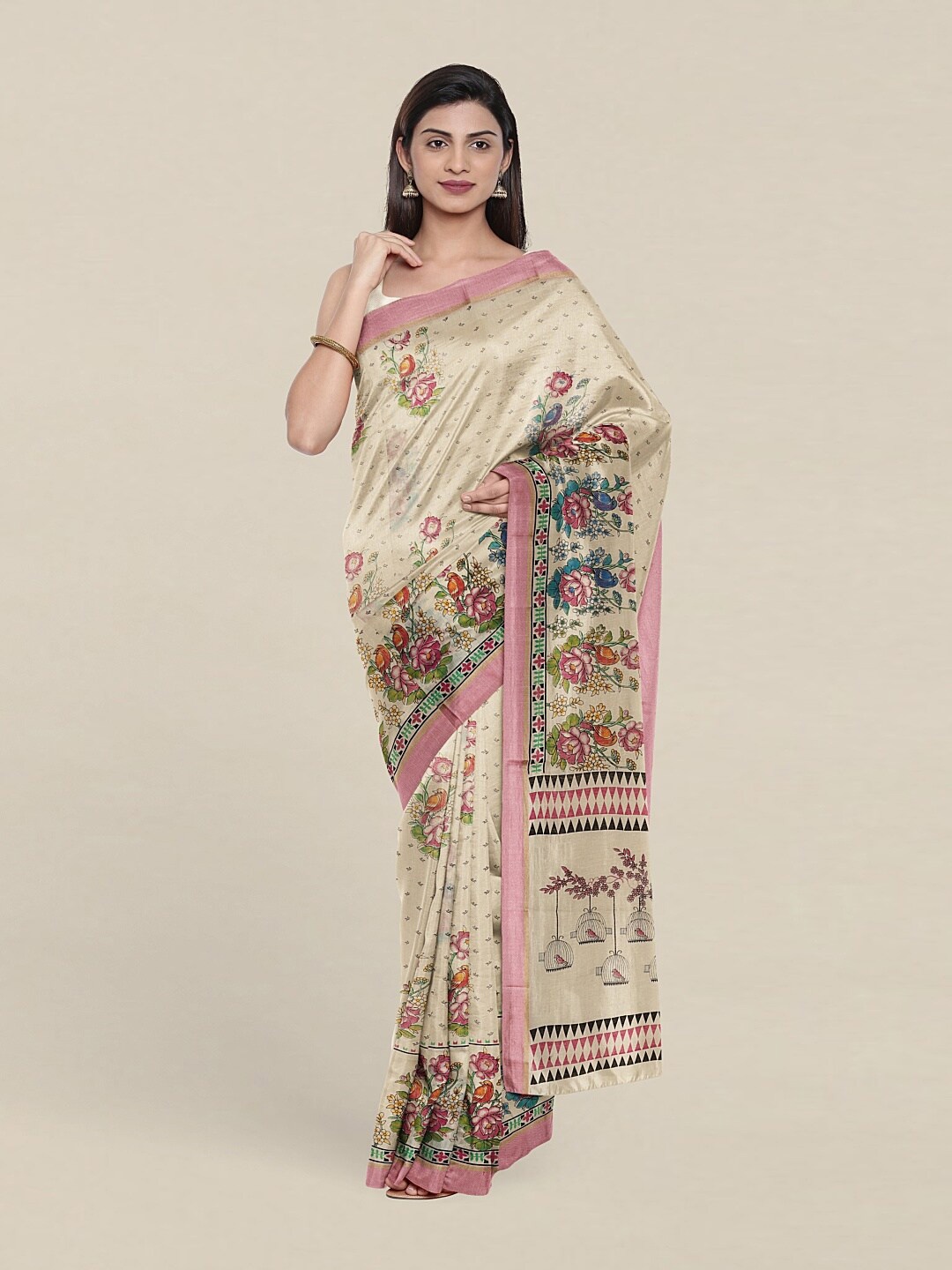 

Pothys Cream-Coloured & Green Floral Pure Cotton Saree