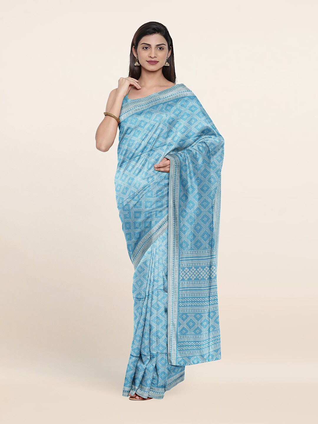 

Pothys Blue & White Printed Cotton Blend Saree