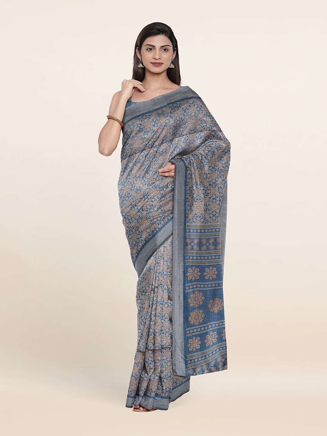 

Pothys Blue & Brown Ethnic Motifs Printed Cotton Blend Saree