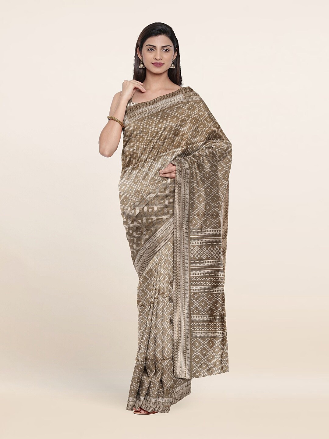 

Pothys Tan & White Printed Cotton Blend Saree