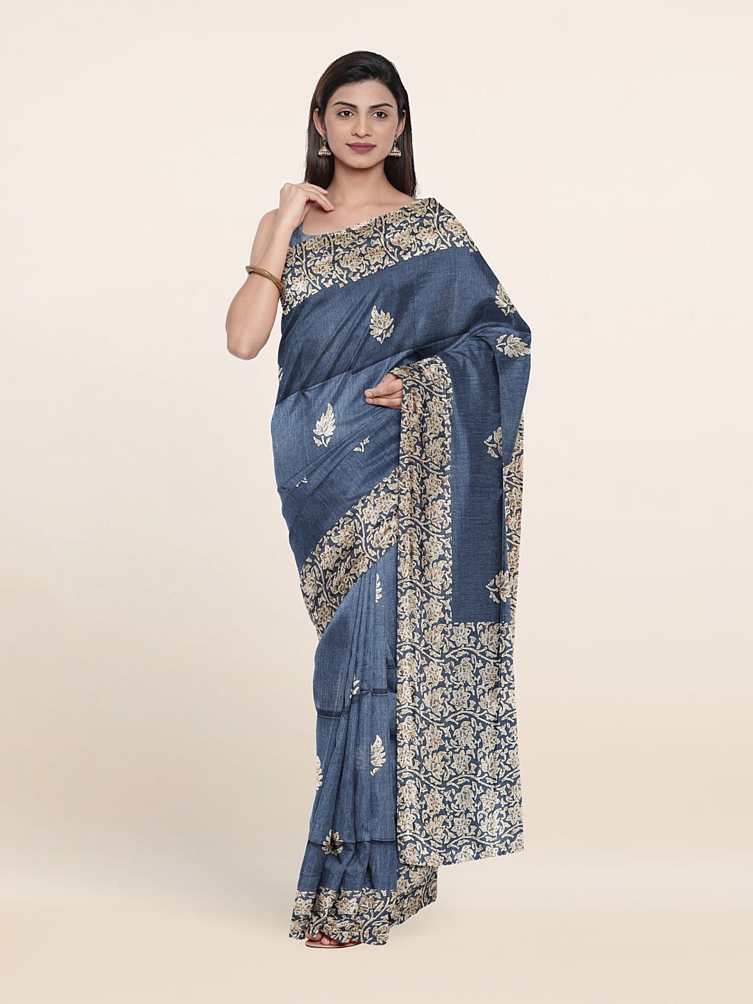 

Pothys Blue & Cream-Coloured Ethnic Motifs Printed Cotton Blend Saree