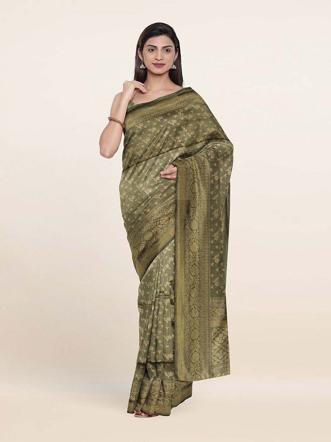 

Pothys Olive Green Ethnic Motifs Printed Cotton Blend Saree
