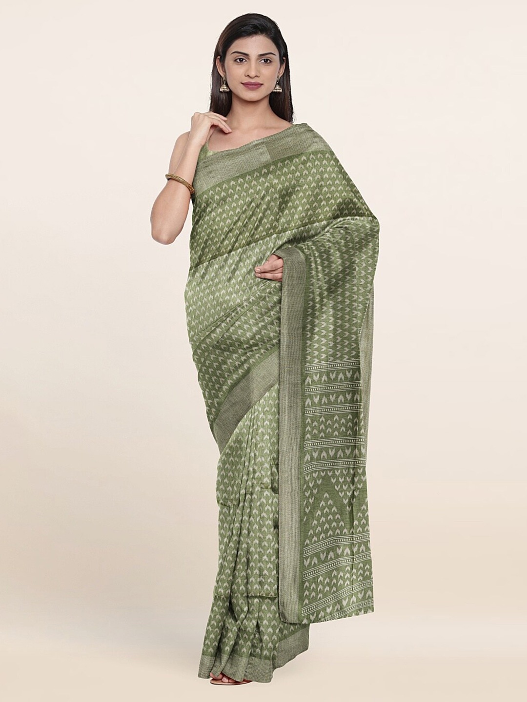 

Pothys Green & Cream-Coloured Printed Cotton Blend Saree