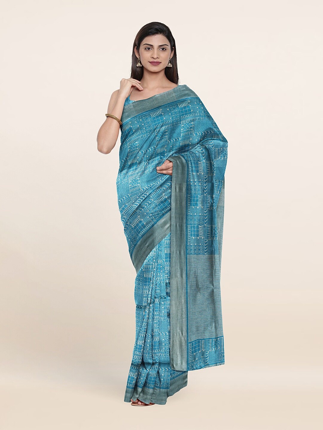 

Pothys Blue Printed Cotton Blend Saree