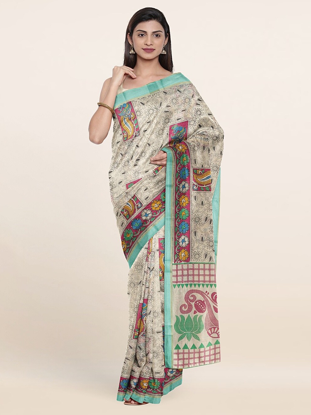 

Pothys Cream-Coloured & Green Ethnic Motifs Pure Cotton Saree