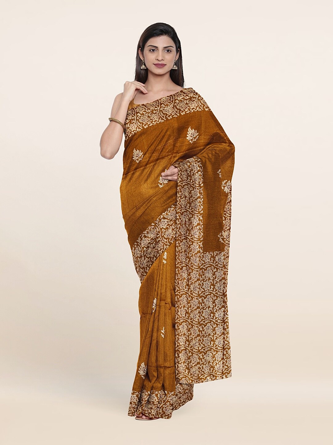 

Pothys Mustard & Cream-Coloured Floral Printed Saree